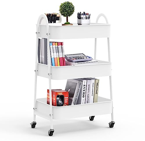 HaodaCulture Rollwagen Küchewagen mit 3 Ebenen, Aufbewahrungswagen Küchenwagen, 3-Etagen Metall Utility Cart Rollwagen Organizer Wagen mit Rädern, für Küche, Schlafzimmer, Büro, Weiß