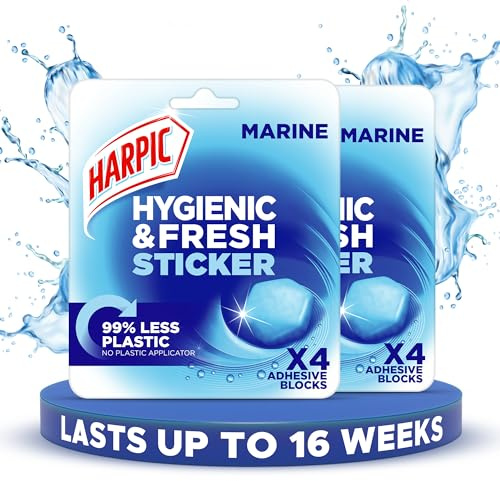 Harpic Hygienic Fresh Sticker Adhesive Toilet Block, Marine, Pack 2 x 4 Stickers, Toilet Freshener, No Plastic Applicator, Up to 16 weeks of Freshness