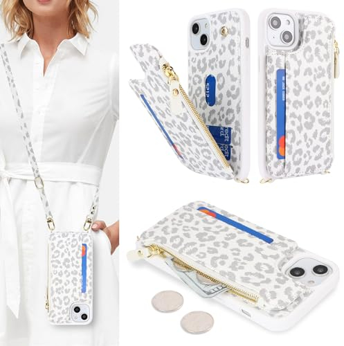 SailorTech Handyhülle für iPhone 15 Etui mit Kartenfach, iPhone 15 Hülle mit Verstellbarer Halskette, iPhone 15 Handytasche mit Reißverschluss Geldbörse - Weißer Leopard