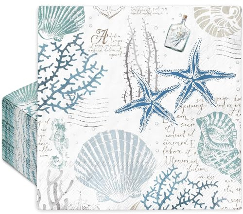 JarThenaAMCS Papierservietten, Motiv: Under the See, Pastellfarben, Seestern, Muscheln, Koralle, Einweg-Servietten, Vintage-Ozean-Thema, Mittagessen, Sommer-Abendessen, Handserviette für