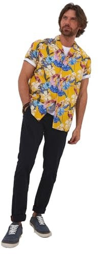 Joe Browns Men's Tropical Bird Print Short Sleeve Open Flat Collar Shirt, Yellow, L