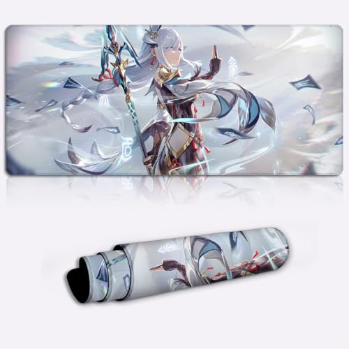 LJSPTU Tapis de Souris, Tapis de Souris de Jeu Genshin Impact Shenhe Grand Tapis de Souris pour Bureau (60 x 35 x 0,3 cm) Grand Tapis de Souris étendu pour MacBook