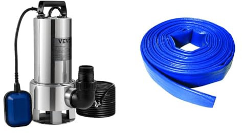 VEVOR Pompe de Relevage Eaux Chargées 1300 W Pompe d’Évacuation pour Eaux Chargées & Silverline - Polychlorure de vinyle (PVC) Tuyau souple plat 10 m x 32 mm (633656)