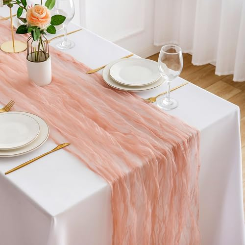 DROMCOM Korallen Rosa Käsetuch Tischläufer, 80 x 300 cm Boho Tüll Organza Seihtuch Tischläufer Rustikaler Gaze Stoff Cheesecloth Tischläufer Hochzeit Tischdecke für Hochzeitsfeier Brautparty Tischdeko