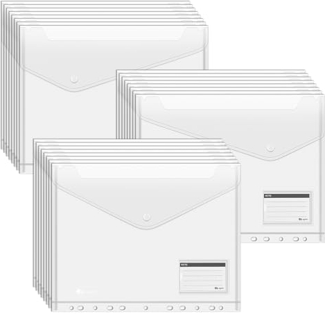 Dokumenten Tasche A4 zum Abheften 24 Pack [PLATZSPAREND] Dokumentenmappe mit 3-Position Druckknopf, Transparent Din A4 Mappe für Dokumente Organisieren, Dokumenten A4 Tasche für Schule, Büro