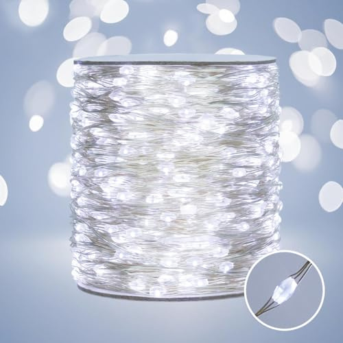 PCORES Les lumières fées de 30M, 300 LED blanc froid, fil argenté, avec télécommande, pour l'intérieur et l'extérieur, lumières en série branchables pour la chambre, le porche, le sapin de Noël