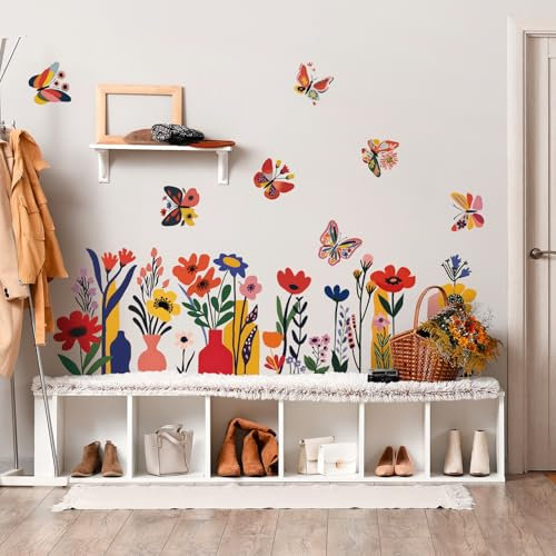 SHUCHING Bunte Blumensträucher Wandsticker, Schmetterlinge Blumen Wandaufkleber Wandtattoos für Wohnzimmer Schlafzimmer Wanddeko DIY