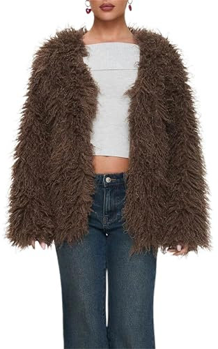 SANSIWU Damen Kunstfelljacke mit Taschen, langärmelig, Revers, flauschig, übergroß, Lammfell-Wintermantel, einfarbig, Jacken, Kurzmantel, B-braun, S