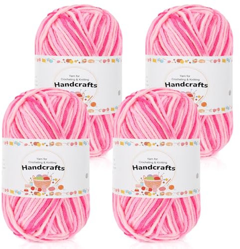 Aeelike 200g(4x50g) Farbverlauf Baumwolle zum Stricken, Langlebige Amigurumi-Set Acryl Baumwollgarn, 5Ply Garn zum Häkeln für Socken, Mützen, Schals, Pullover, Puppen, Rosa