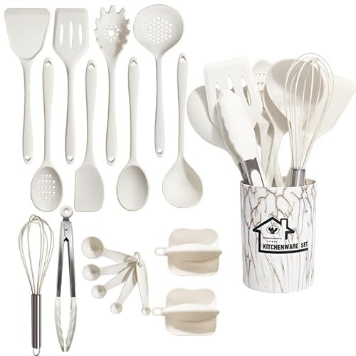 18 Piezas Utensilios Cocina de Silicona,Utensilios de Cocina de Silicona,Juego de Utensilios de Cocina de Silicona Resistente al Calor con Cubo para Guardar Utensilios de Cocina (Blanco)