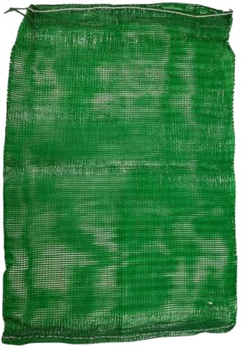 Small (35cm x 50cm) Green UV Resistant Polypropylene Drawstring Mesh Storage Net Bags for Fruit + Vegetables, Firewood or Logs - Cabbage Bags for Storing - Leno Net Sacks for Peppers - 25