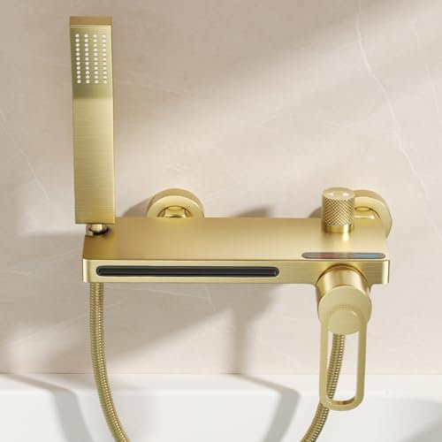 BiaoTeng Robinet de Baignoire Cascade avec Douchette Monocommande Laiton Chaud et Froid Mitigeur Bain Douche avec Douchette Or Brossé