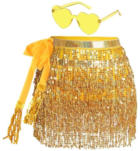 Glitzer Rock Damen Fransen Rock Glitzer mit Hippie Brille Mini Latein Kurz Bauchtanz Kostüm Rave-Kostüm für Frauen Mädchen