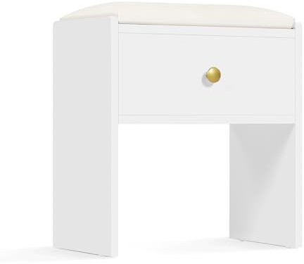 Hello-5ive Dressing Table Stool with Storage Drawer, White Wooden Stool with Padded Bench Footrest for Dressing Table, Living Room, Hallway