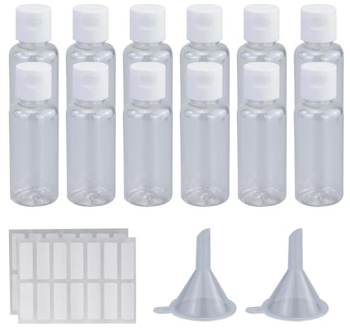 RNBEVANSANNE 12 Sets 30ml Plastic Bottles Empty Travel Bottles Clear Refillable Plastic Travel Bottles for Liquids Flip Cap Bottles with 2 Pcs Small Funnel and 2 pcs Labels for Travel or Cosmetic