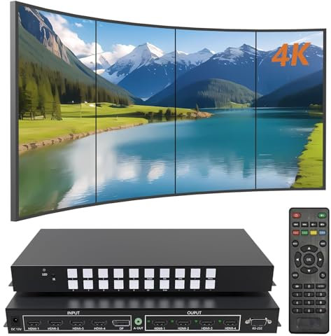 4K60Hz Vertical Video Wall Controller 4x1, 1x3, 2x2, 4x1, 3x1 Rotation 90-180-270°, Seamless Switching 4x4 HDMI Matrix Multi-View, Video Wall Controller for 4 TVs with spliced display, RS232 Controls