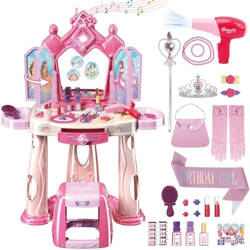 deAO Schminktisch Spielset mit Licht & Musik, Frisiertisch für Mädchen | Induktionsgesteuerte Spiegeltür, 82x61x28 cm, Kunststoff, inkl. Hocker u. Zubehör: Krone, Schärpe, Schmuck, Föhn, ab 3 Jahr