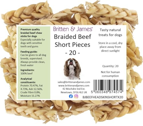 20 Braided Beef Skin Chews for Dogs (8-12cm) by Britten and James | Natural Long-Lasting Dog Chew Treats - Hypoallergenic, Gluten and Grain Free. 'Short n Chunky' - Great for Smaller Breeds!