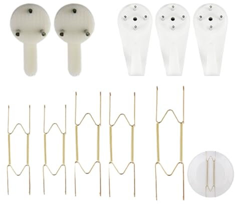 Plate Hangers for Walls - Set of 5 Invisible Plate Hangers (2 x 6 Inch, 2 x 8 Inch, 1 x 10 Inch) with 2 Small & 3 Medium Nail-Free Hooks - Secure Wall Plate Hangers for Picture Frames, Decorative Plat