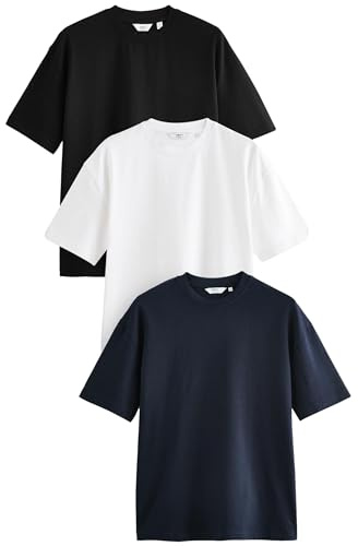 NEXT Herren Schwere Relaxed Fit T-Shirts im 3er Pack Weiß/Schwarz/Marineblau XXL