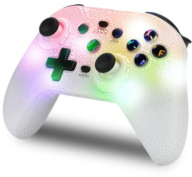 NK Mando Switch Inalámbrico - LED RGB Ajustable, Switch/PC/Android/iOS, Función Turbo, Ajustes Macro, Bluetooth, 6 ejes, 4 Modos de Vibración - Color Blanco (Incluye Soporte Smartphone)