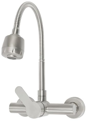 RjcdOPL - Grifo de cocina de pared giratorio de acero inoxidable, mezclador de fregadero con manguera de salida flexible, 2 modos de descarga de agua, alto flujo