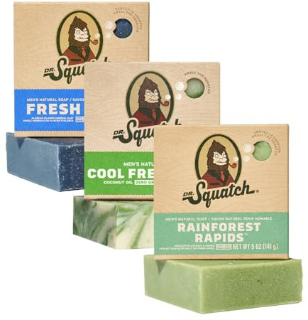 Dr. Squatch Natural Men’s Bar Soap - Cold Process Body Soap Bar with Natural Oils - Gifts for Men - Fresh Falls, Rainforest Rapids, Cool Fresh Aloe (142g, 3 pack)