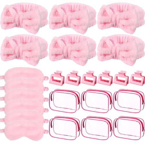 Wavyknot Partyzubehör für Mädchen, 6 rosa Spa-Make-up-Stirnbänder, Plüsch, 6 Plüsch-Schlaf-Augenmasken, 6 rosa Haarklammern, 6 transparente Kosmetiktaschen für Schlummer, Partygeschenke, Geschenke