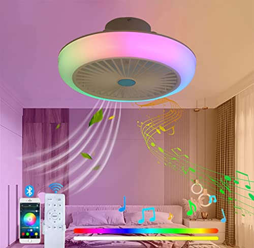 Smart RGB Bladeless Ceiling Fan Light with Speakers Compatible with Alexa and Google Assistant Low Profile Colorful Ceiling Fan for Music Lovers Summer & Winter Reversible C