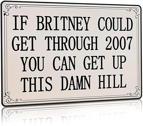 Metallschild mit motivierenden Zitaten „If Britney Could Get Through 2007 You Can Get Up This Damn Hill, Retro-Metallschild, Vintage-Aluminiumschilder für Zuhause, Kaffee, Wanddekoration, 30,5 x 40,6