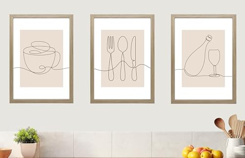 Eviepops Prints Set of 3 Unframed Kitchen Wall Art Prints, Abstract Line Art of Coffee Cup, Cutlery, Wine Bottle & Glass, Beige & Grey Decor for Modern Minimalist Dining Room or Kitchen (A4)