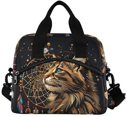 ALAZA Lonchera para mujeres, adultos, niñas, niños, bonito atrapasueños de gatos, lonchera aislada con correas para el hombro y asa, bolsa de almuerzo cruzada para la escuela y la oficina