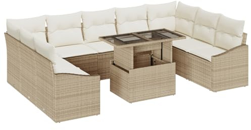 vidaXL 10-teiliges Garten-Sofa-Set mit Kissen in Beige aus Poly Rattan für den Außenbereich. Sectional Sitzgruppe mit Glastisch für Terrasse, Frühling und Sommer - Lounge für deinen Patio.