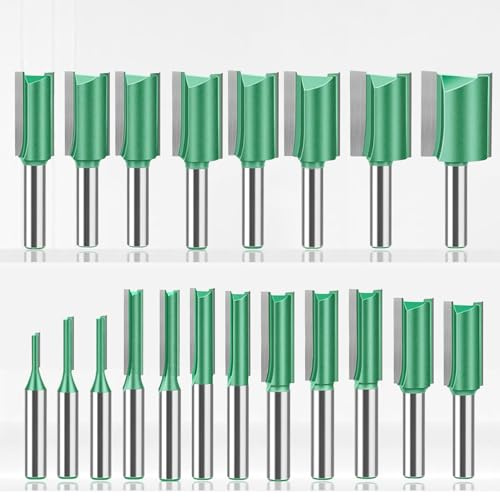 LEPEVNEY 20 PCS Straight Router Bit Set 8mm Shank, Double Flute Woodworking Milling Cutter Router Bits 3mm to 25mm Cut Diameter