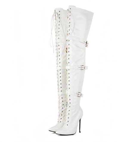 Veelau Meieer Stivali da donna a spillo con lacci da moto sopra il ginocchio con cinghie fibbie chiusura lampo, bianco, 46 EU
