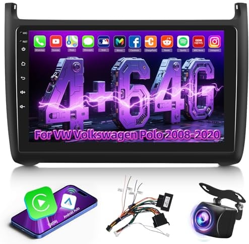 4G+64G Android Autoradio für Volkswagen VW Polo 2008-2020 mit Wireless Carplay & Android Auto, 9-Zoll IPS Touchscreen mit GPS, WiFi, 32EQ, Bluetooth 5.0, FM/RDS Radio