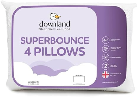 Downland Superbounce Pillows 4 Pack – Soft Bounce Back Pillows for Stomach, Back and Side Sleepers – Hypoallergenic & Machine Washable Bed Pillows – Pack of 4 (46x69cm)