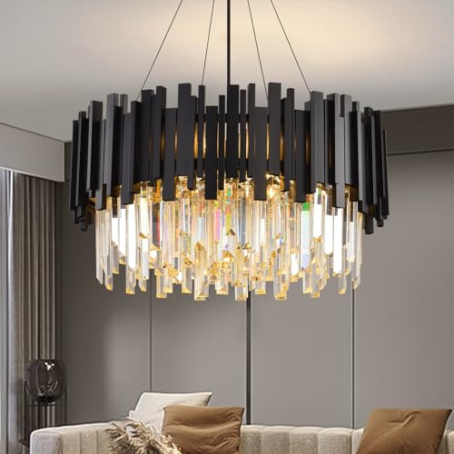 YZBEIMDAI Moderne Kristall Kronleuchter, Schwarz Rund Kristall Pendelleuchte, 9×E14 Lampenfassung Hängellampe für Wohnzimmer, Esszimmer, Schlafzimmer