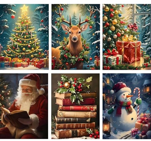 Jawecci 6 Packs Christmas Diamond Painting Kits, 5D DIY Snowman Santa Claus Diamond Art Kits for Adults, Full Drill Round Diamond Dots Set Gifts 30X40cm