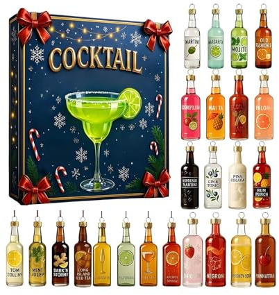 Cocktail Adventskalender 2026, 24 Tage Cocktail Ornamente Weihnachts Countdown Kalender, Alkohol Wein Anhänger Adventskalender, Mini Cocktails Anhänger Weihnachten Dekorationen Countdown Kalender
