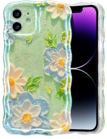 EYZUTAK für iPhone 12 Hülle, Bunte Vintage Ölgemälde Blumen, Blau Weiß | Glitzer Flower Muster Handyhülle, Niedliche Lockiges Wellenförmiger Rand, Langlebige TPU Schutzhülle, Für Mädchen Frauen