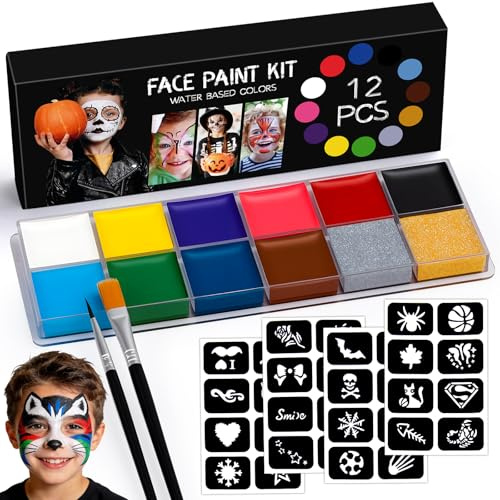 Face Paint Kit 12 Color Face Painting for Adults with 32 Stencils 2 Brushes