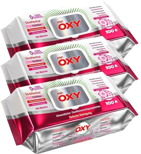 Mr. OXY Maxima Allzweck-Reinigungstücher – Streifenfrei, Fettlösend, Schnell Trocknend, Duft nach Kirschblüten – Mit Weißem Essig & Natron – Ohne Nachspülen, Einfache Reinigung (Pack of 3)