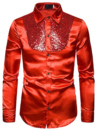 Pailletten Hemd Herren Langarm Party Silvester Fasching Glitzerhemd Metallic Pailettenhemd Disco Outfit Kostüme Männer Karneval Fashion Glitzer Herrenhemd Einfarbig Hemden Herrenhemden Regular Fit