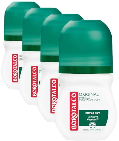 Borotalco Deo Roll-On Original 50 ml - Formel mit Active Crystal Talc für dreifachen Schutz gegen Schweiß - 0% Alkohol (Packung mit 4)