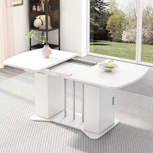 Mielvu Ausziehbarer Esstisch 120/160 x 80 cm, moderner Stil, versilberte Metallbeine,mit Stauraum, multifunktionaler, geeignet für 4-6 Personen, weiß + versilberte Beine