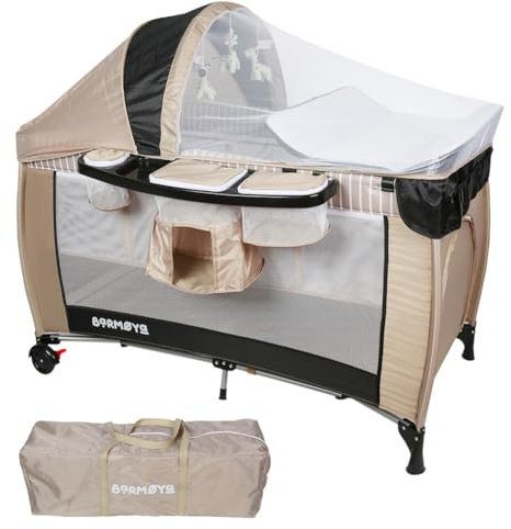 Barmøya 3-in-1 Baby-Reisebett mit Wickelauflage – Reisebett, Laufstall & Beistellbett, höhenverstellbar, Moskitonetz & Sonnendach, faltbar inkl. Tragetasche (Beige)