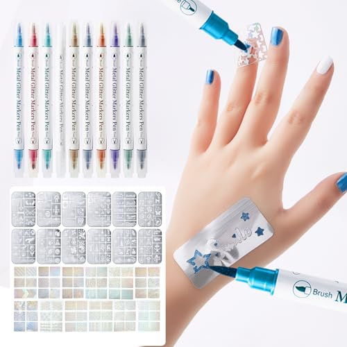Temporäre Tattoo Marker für Haut, 10 Doppelseitige Tattoo Stifte mit Dicken & Feinen Linien, 160 Tattoo Schablonen & 72 Glitzer Nagelsticker, Hautverträglich