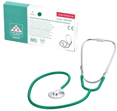 Aluminium-Stethoskop in grün mit flachem Einzel-Bruststück, ultraleicht. 1-Schlauch-Y-System, weiche Ohroliven. Ideal für Praxis, Klinik, Pflege, Freizeit, Fasching. Heinz Herenz