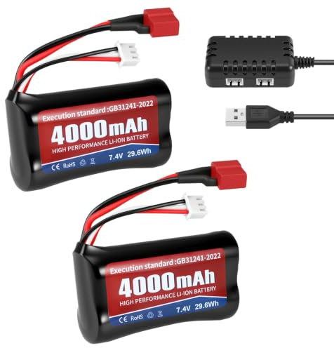 7.4V 4000mAh Li-Ion Akku mit T-Stecker, Wiederaufladbare RC Batterie mit Ladegerät, Kompatibel mit 1/10 1/12 1/16 RC Auto, RC Boot, RC Truck, Hochleistungsakku (2 Stück)
